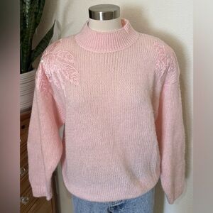 Vintage Pink pastel Knit Sweater – Beaded Lace sequin Shoulder‎ feminine